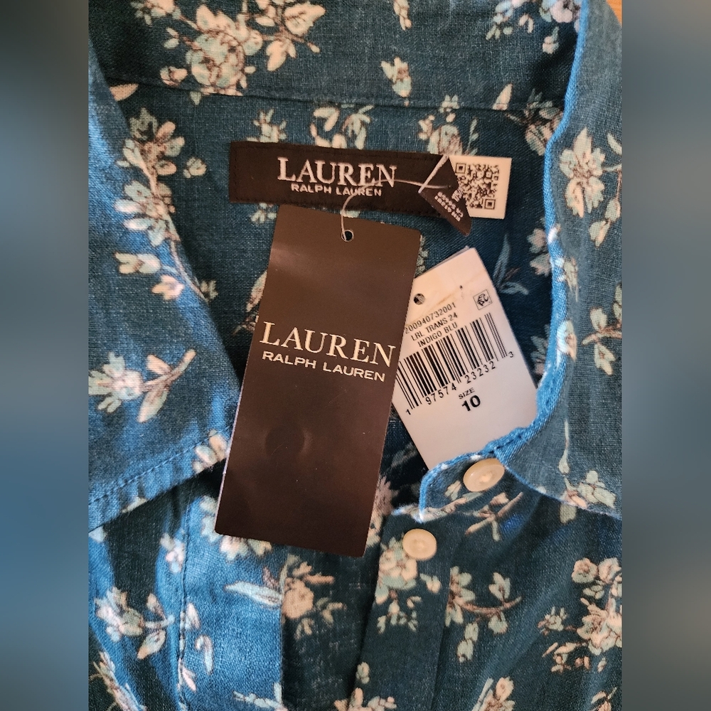 NWT $185 Ralph Lauren womens 10 Floral Linen MidI Dress Waist Bow Tie Button Up - Picture 5 of 13